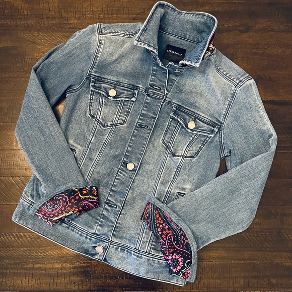 Beautiful upcycled Liverpool denim jacket embellished with a lovely silk scarf. - Picture 2 of 2